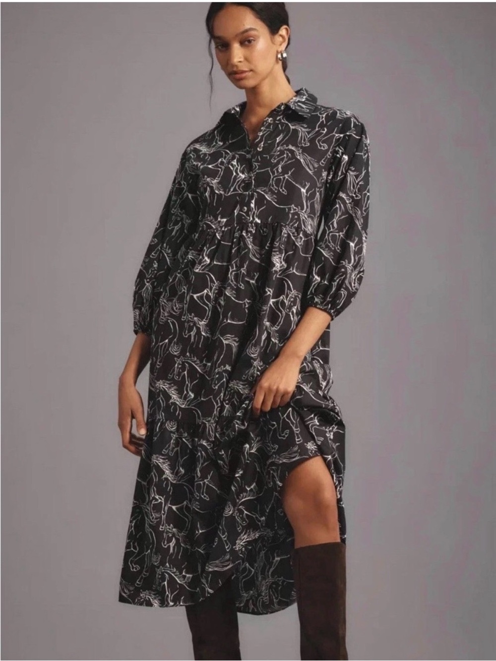 Maeve Bettina Tiered Horse Patterned Midi Shirt Dress - S